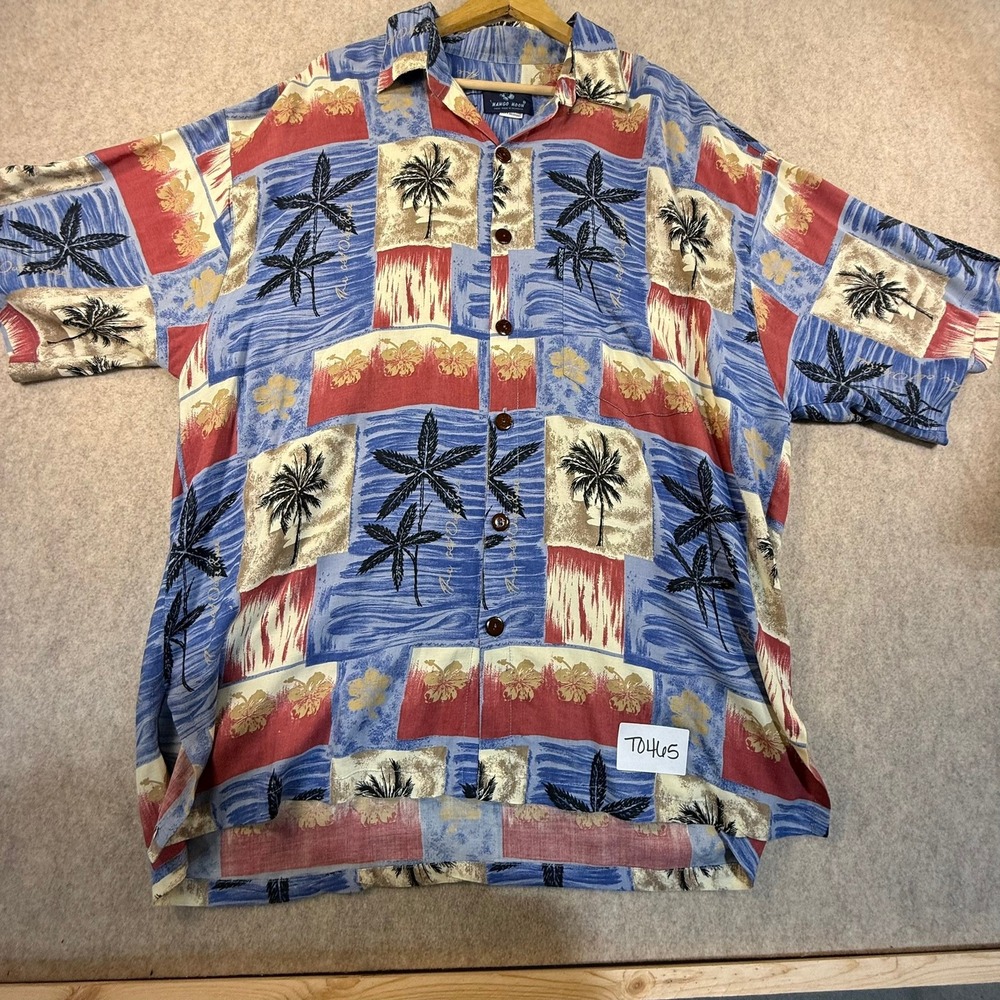 Mango Moon Mens 2XL Tropical Palm Tree Hibiscus Button Down Shirt Blue Red‎ Tan